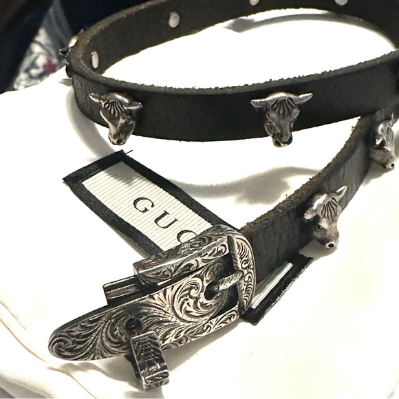 Gucci Jewelry - Gucci sterling silver anger forest bull head black leather choker/ double wrap